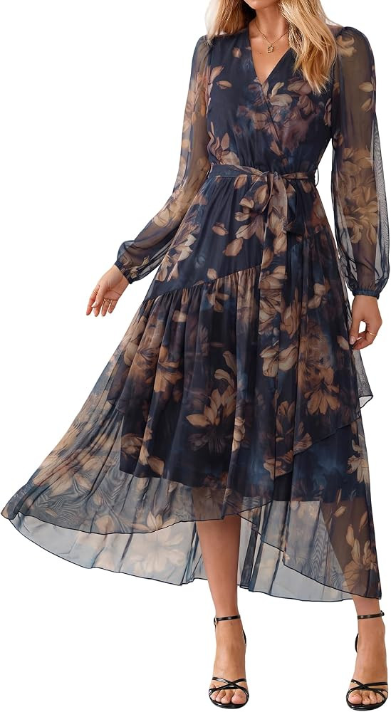 Simplee Women's Floral Long Sleeve Mesh Wedding Guest Maxi Dress | Amazon (US)