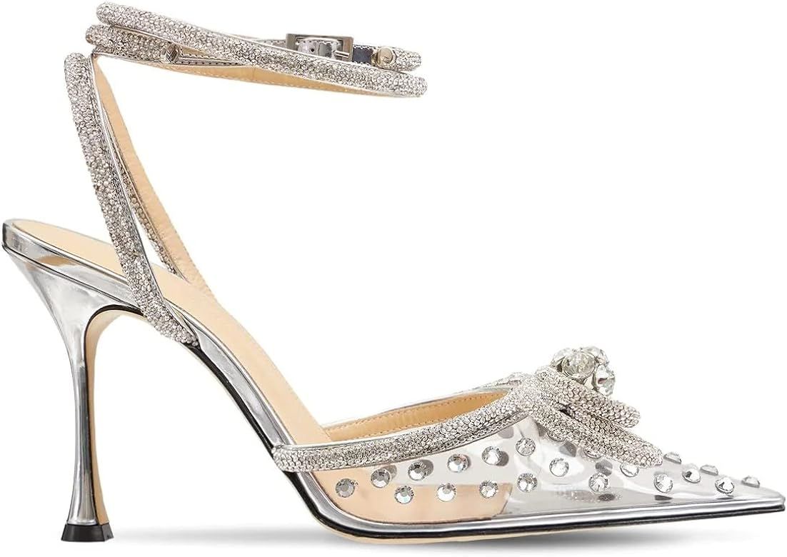 MissHeel Clear Rhinestone Ankle Strap Pumps Heels with Crystal Double Bows 3 inch | Amazon (US)