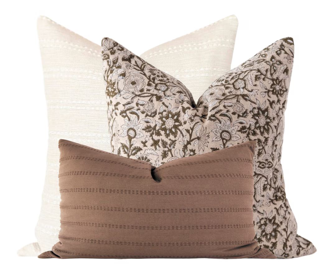Pillow Combination Set, Floral Block Print Pillow, Brown Stripe Pillow Covers, Neutral Flower Pil... | Etsy (US)