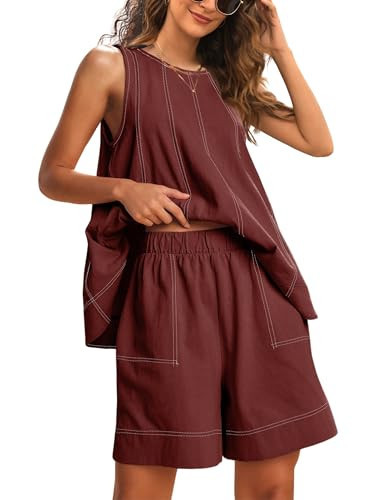 Gozoloma Womens 2 piece Outfits Sleeveless Matching Sets A Line Tank Tops Contrast Stitching High Waist Shorts with Pockets(Wine-S) | Amazon (US)