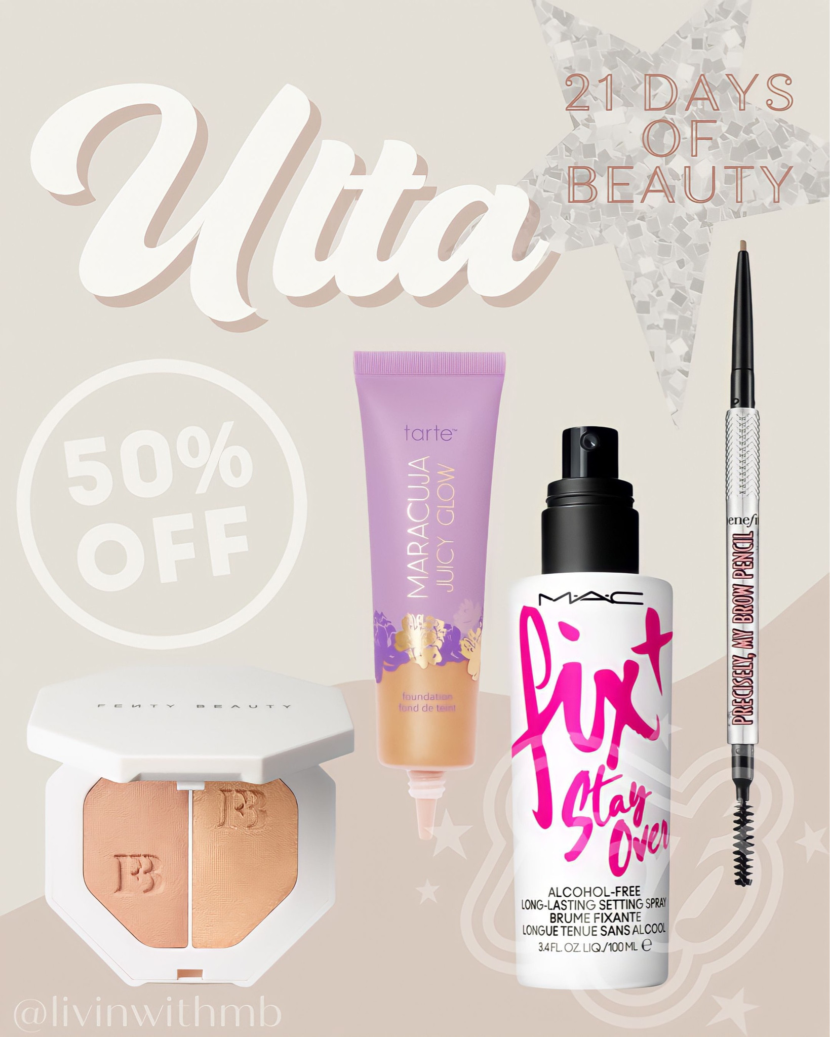 Today’s deals at Ulta’s 21 Days of Beauty are SO GOOD 🙌🏼

50% off deals:
Tarte Maracuja Juicy Glow Tint
Mac Fix+ 16hr Setting Spray
Fenty Killawatt Freestyle Highlighter
Benefit Precisely My Brow Pencil#LTKunder50 

@ulta #ad #ultabeauty

#LTKbeauty #LTKsalealert