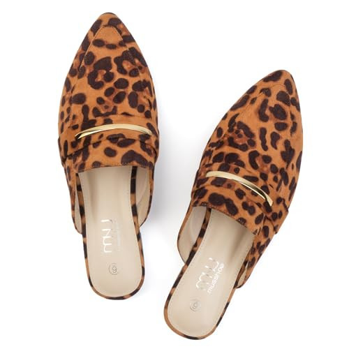 MUSSHOE Mules for Woman Pointed Toe Women's Bukle Mule Flat Slip-on Womens Mules Shoes Casual Fashion Party Work,Leopard Suede 11 | Amazon (US)