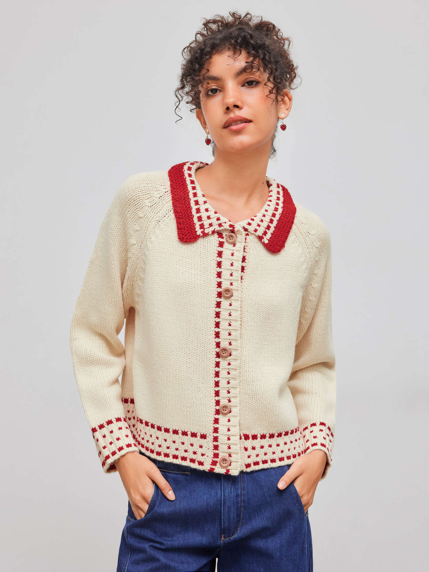 Knit Fabric Knit Fabric Collar Button Up Cardigan For Picnic | Cider