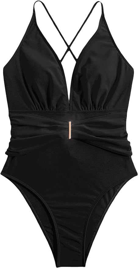 OYOANGLE Women's Deep V Neck One Piece Swimsuit Ruched Lace Up Tummy Control Tie Back Bathing Sui... | Amazon (US)