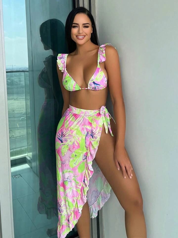 Tropical Print Ruffle Trim Bikini Swimsuit With Beach Skirt | SHEIN