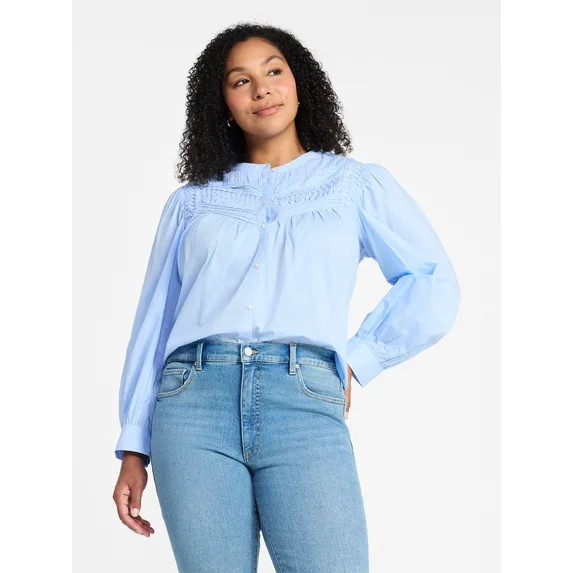 Time and Tru Women's Textured Yoke Cotton Blouse with Long Puff Sleeves, Sizes XS-XXXL | Walmart (US)
