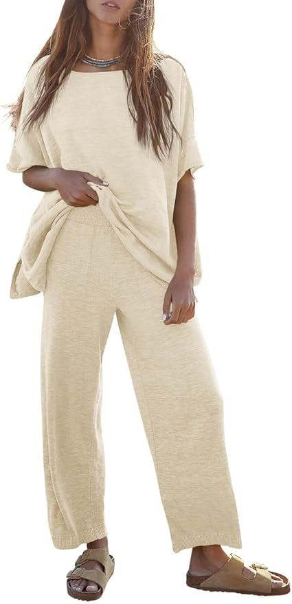Tankaneo Women's 2 Piece Travel Outfits Casual Short Sleeve Knit Sweater Set Wide Leg Pants Loung... | Amazon (US)
