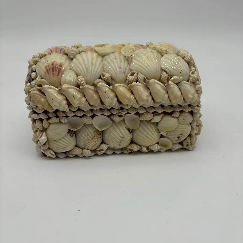 Vintage Handmade Sea Shell Covered Trinket Jewelry Box Red Felt Lining Coastal Decor - Etsy | Etsy (US)
