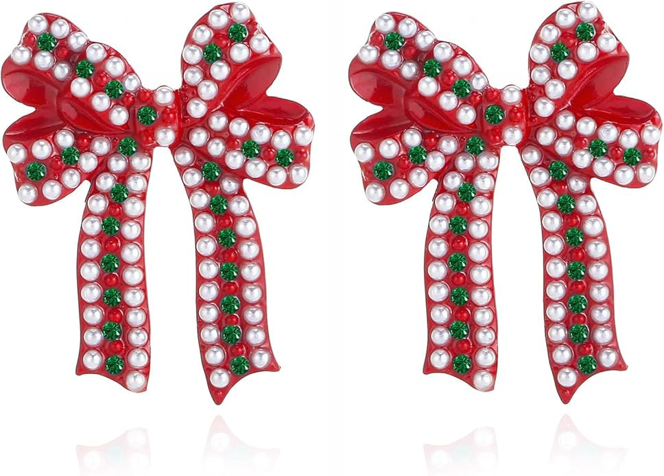 Merry Christmas Earrings Rhinestone Statement Earrings Xmas Tree Bow Bulbs Cane Reindeer Santa Sn... | Amazon (US)