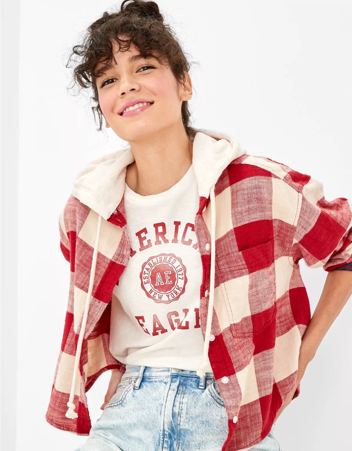 AE Cozy Cabin Cropped Hoodie Flannel | American Eagle Outfitters (US & CA)