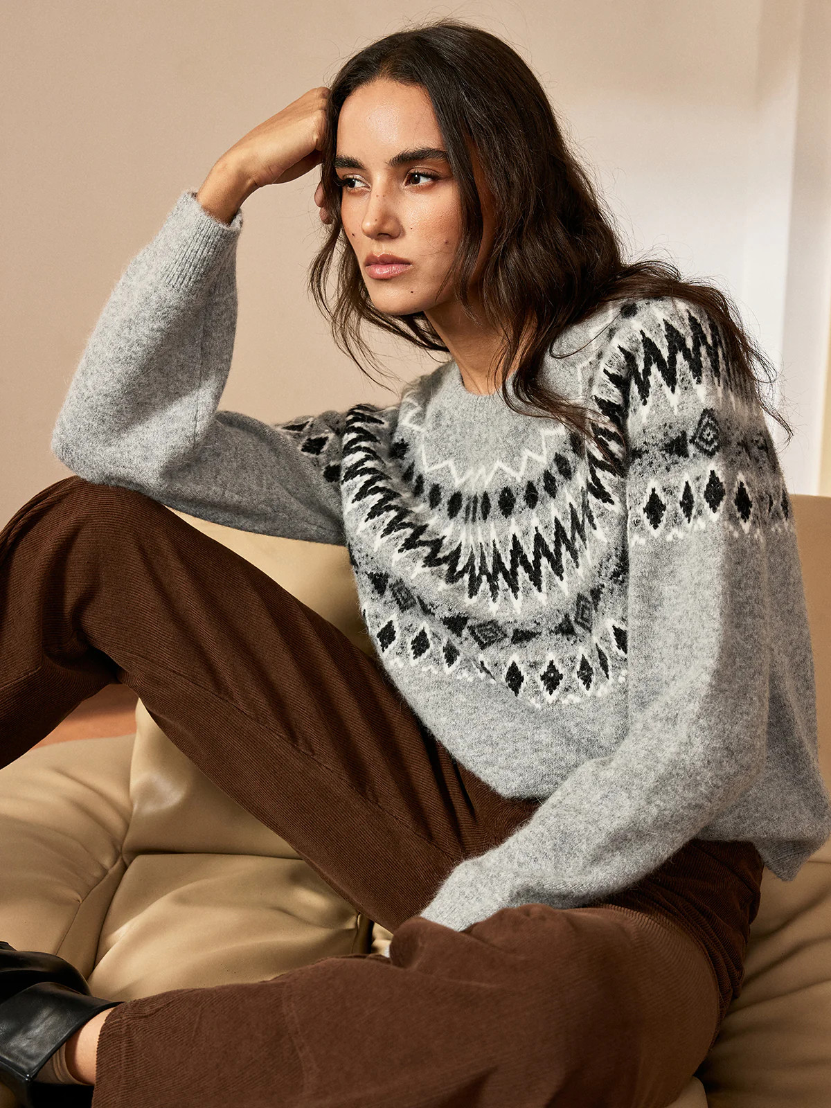 Fair Isle Pattern Crew Neck Knit Sweater | Commense