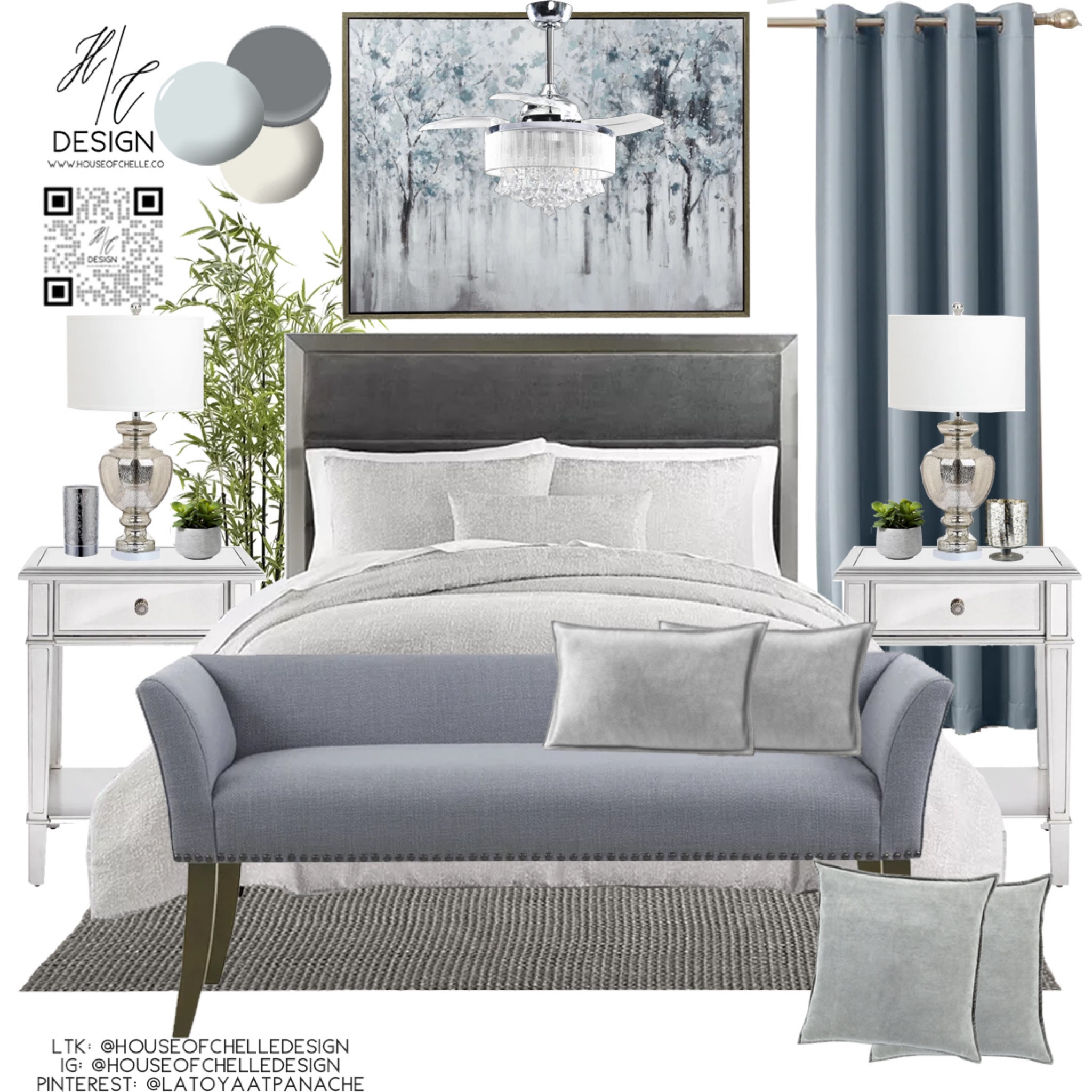 Modern bedroom | home decor concept board | bed, nightstand, bed bench, rug, side tables, side chair, nightstand lamps, table lamps, chandelier, ceiling fan, ceiling light, floor lamp, faux plants, vases, mirror, artwork, pillows, bedding, curtains, window treatments, candle holders. #moodboard

#LTKstyletip #LTKhome
