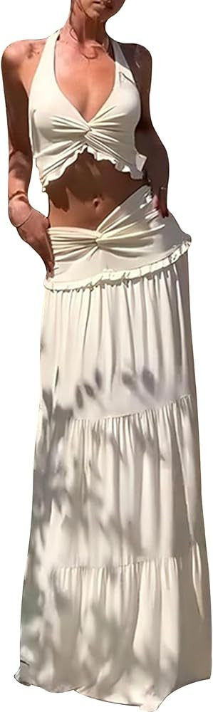 Famnbro Womens 2 Piece Skirt Sets Halter V Neck Y2k Top and Flowy Ruffle Maxi Skirts Summer Vacat... | Amazon (US)