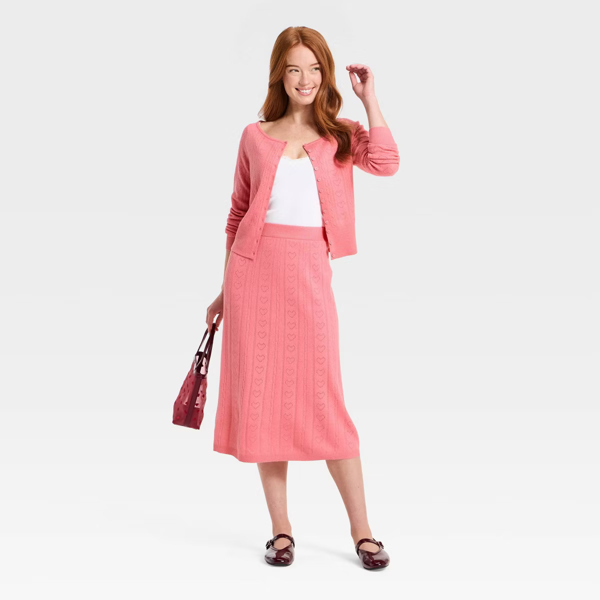 Women's Valentine's Long Sleeve Pointelle Heart Cardigan - A New Day™ Pink M | Target