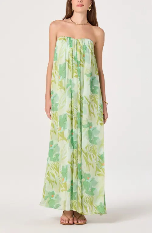 ASTR the Label Aileen Strapless Chiffon Maxi Dress in Green Tropical at Nordstrom, Size Small | Nordstrom