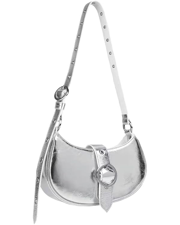 Silver Crossbody Purse Y2K Metallic Shoulder Bags for Women Leather Punk Saddle Hobo Purses | Amazon (US)