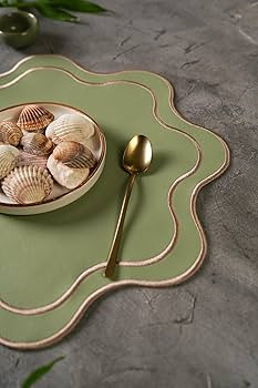 PNR Decor Haven Light Green Faux Leather Scalloped Edge Round Set of 1 Embroidered PLACEMAT for K... | Amazon (US)