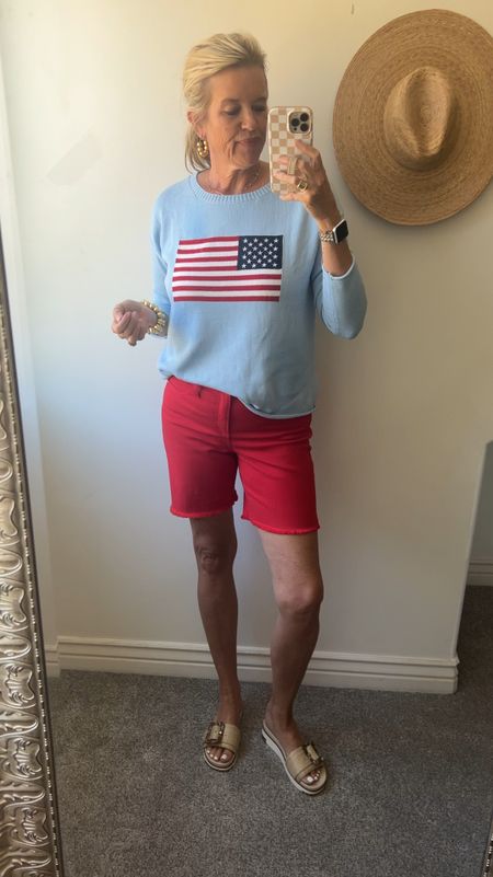 ♥️🤍💙4th of July outfit
Arrives in time ✔️

Light weight flag sweater tts in a small
Comes in light blue, white or navy

Chicos red girlfriend shorts with frayed hem, great length , works for #tallgirls
I wear a size 4 which I am in the 0 Chicos size and run big

Sam Edelman raffia sandal with buckle 

Lisi lurch jewelry 

Summer sandals, summer shorts, women outfits flag style 

#LTKFindsUnder100 #LTKVideo #LTKStyleTip