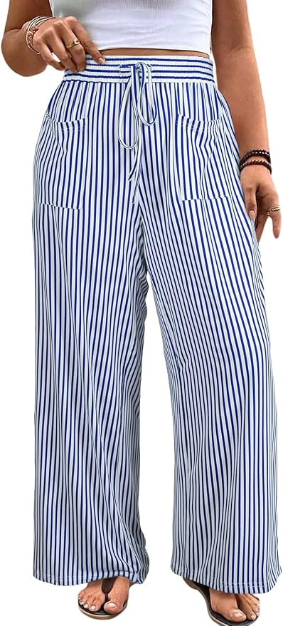Eytino Womens Plus Size Wide Leg Pants Elastic High Waist Striped Casual Palazzo Pants Lounge Tro... | Amazon (US)