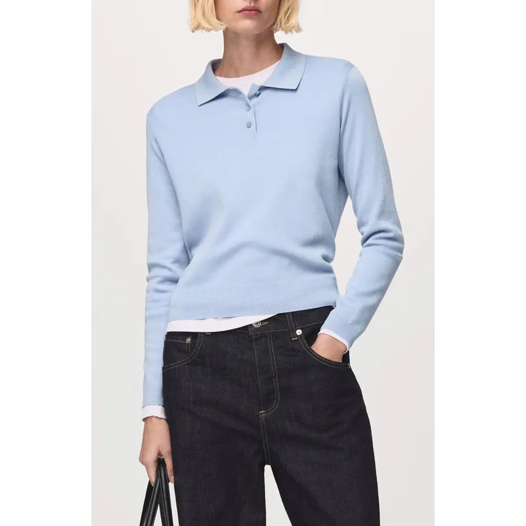 MANGO Wool & Cotton Polo Sweater in Sky Blue at Nordstrom, Size Small | Nordstrom