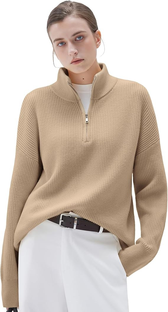 SUUKSESS Women Cashmere Oversized Quarter Zip Pullover Sweater Long Sleeve Collared Ribbed Knit J... | Amazon (US)
