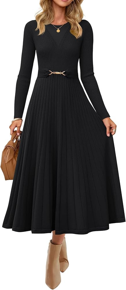 ZESICA Women's Long Sleeve Midi Sweater Dress 2026 Fall Crewneck Knit A Line Pleated Flowy Long D... | Amazon (US)