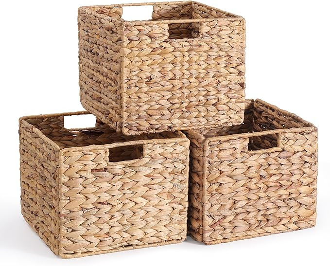 12X12X10in Water Hyacinth Storage Baskets, Wicker Storage Cubes Set of 3, Kitchen Baskets for Pan... | Amazon (US)