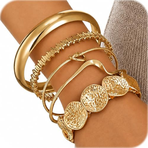 iF YOU Gold Bangle Bracelets for Women, Dainty Knot 14K Gold Plated Multi Layer Bangle Cuffs, Personalized Boho Chunky Bracelets for Women Jewelrys Set Gifts | Amazon (US)