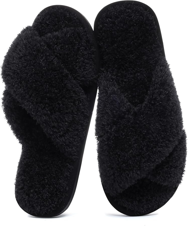 Evshine Women's Fuzzy Slippers Cross Band Memory Foam House Slippers Open Toe | Amazon (US)