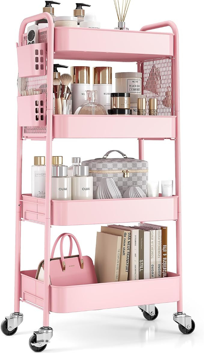 TOOLF 4 Tier Rolling Cart with Pegboard, Metal Storage Organizer Cart with Wheels, Hooks & Bins E... | Amazon (US)