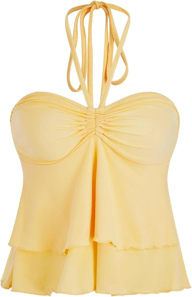 Milumia Women Peplum Halter Tops Y2k Ruffle Going Out Tops Ruched Tube Tops | Amazon (US)