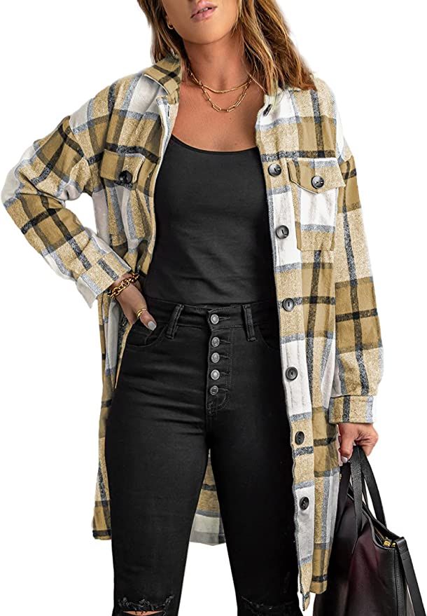 Amazon.com: KIRUNDO Women's Flannel Plaid Shirts Jacket Shacket Coats Casual Boyfriend Button Dow... | Amazon (US)