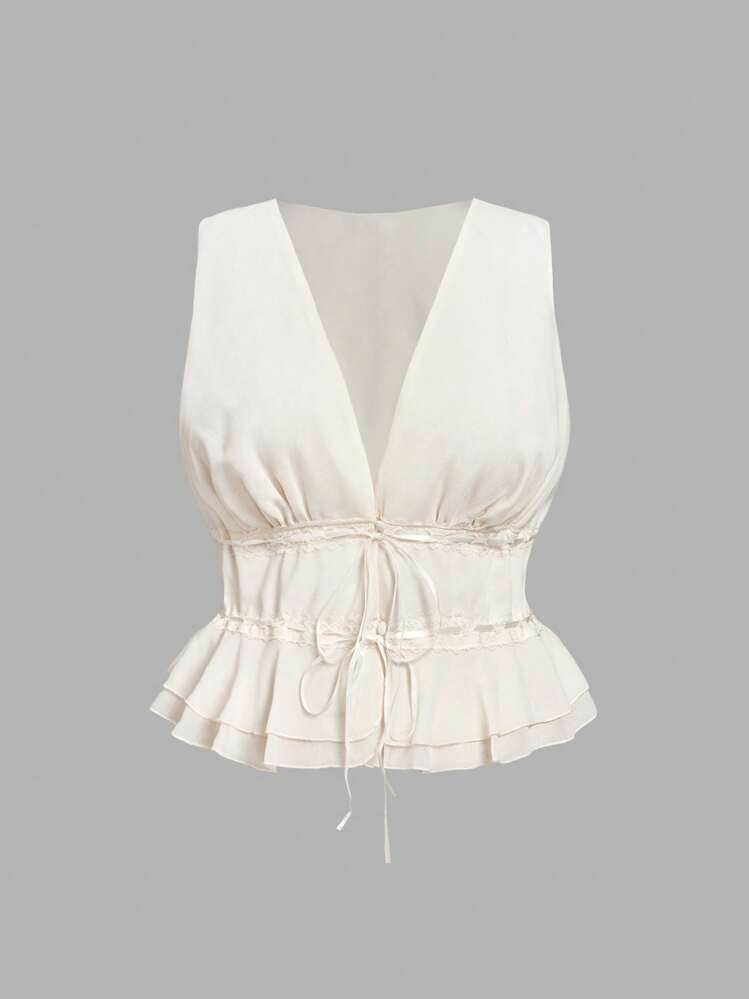 SHEIN MOD Plus Size Women Apricot V-Neck Double Ruffle Hem Decor Waist, Cropped Top,Chiffon,Cream Tie Top,Summer Tops,Back To School | SHEIN