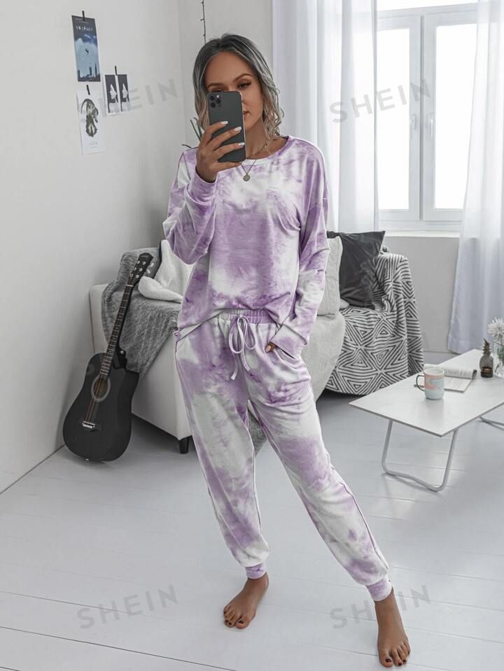 SHEIN LUNE Drop Shoulder Tie Dye Pullover & Sweatpants Set | SHEIN