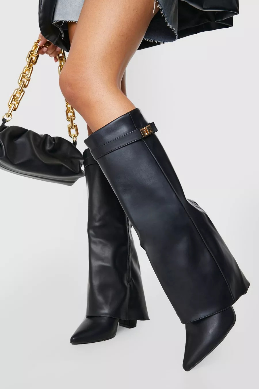 Fold Over Metal Detail Knee High Boots | Boohoo.com (UK & IE)