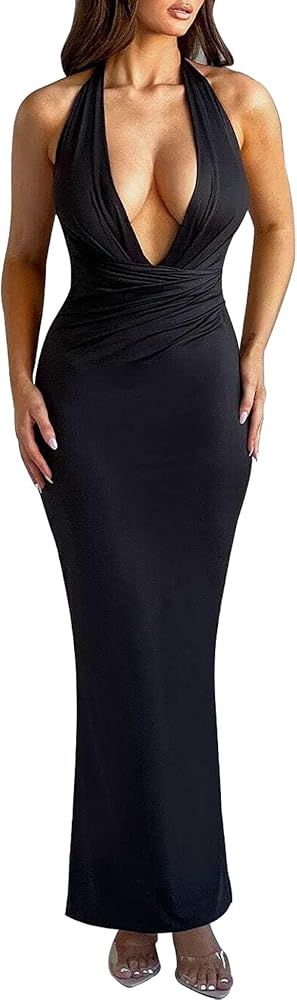 SHESEEWORLD Women's Summer Sexy Deep V Halter Neck Ruched Bodycon Maxi Dress Elegent Slim Fit Par... | Amazon (US)