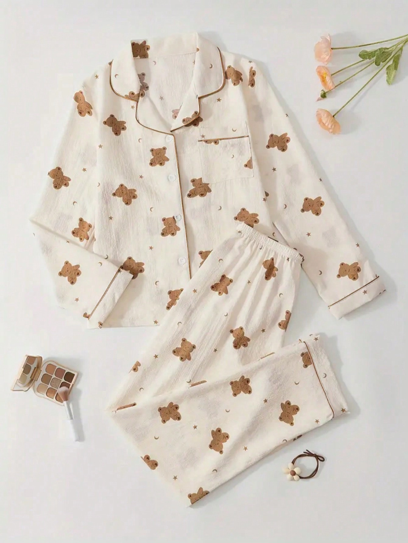 2pcs/Set Women Long Sleeve Top And Pants Pajama Set, Casual Loose Homewear With Bear Print, Suita... | SHEIN