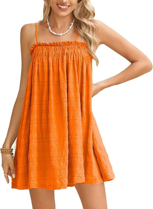 MakeMeChic Women's Casual Sleeveless Summer Cami Dress Ruffle Swing Shirred Mini Short Dress | Amazon (US)