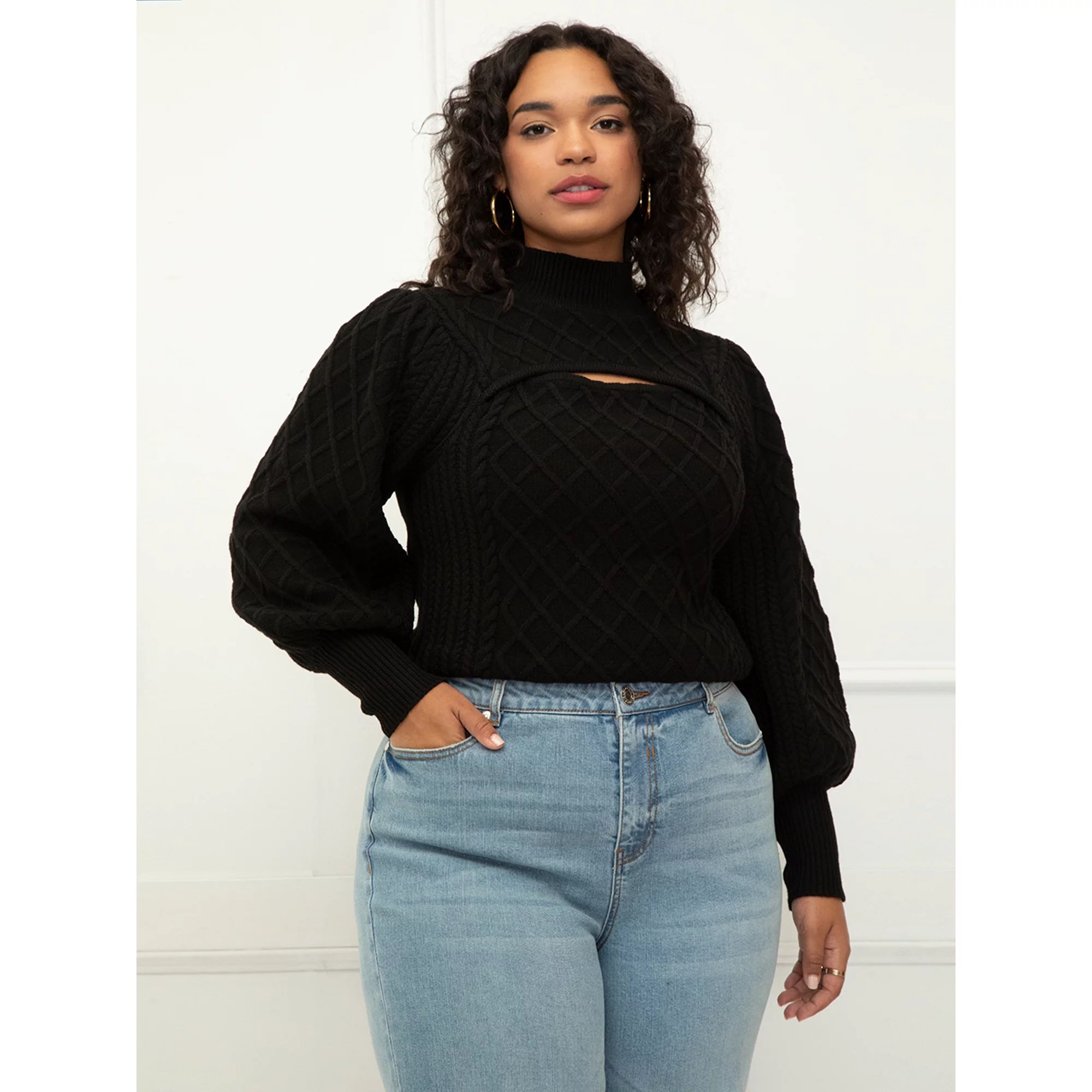 ELOQUII Elements Women's Plus Size Cable Sweater With Cutout | Walmart (US)