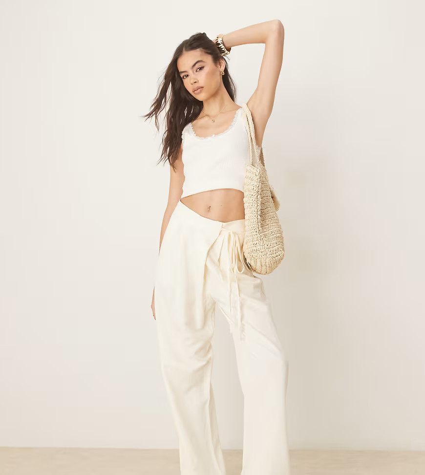 ASOS DESIGN Tall tailored linen mix wrap tie pants in ivory-White | ASOS (Global)