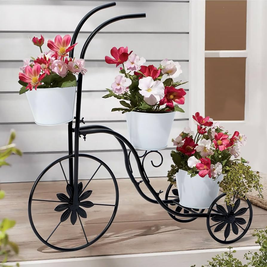 Bicycle Planter Stand, Metal Flower Pot Cart Holder Tricycle Planter with 3 Plant Bucket Outdoor ... | Amazon (US)