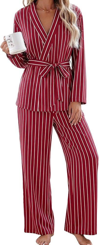 APAFES Womens Striped Pajama Sets Long Sleeve Lounge Sets 2 Piece Wrap Belted Top Pants with Pock... | Amazon (US)