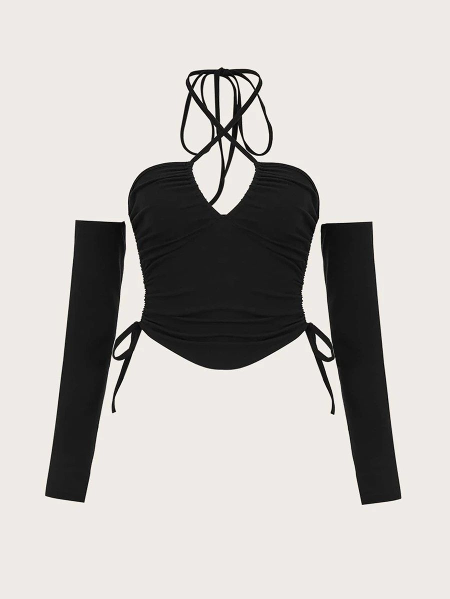 SHEIN ICON Plus Crisscross Tie Backless Drawstring Side Hanky Hem Halter Top & Arm Sleeves SKU: s... | SHEIN