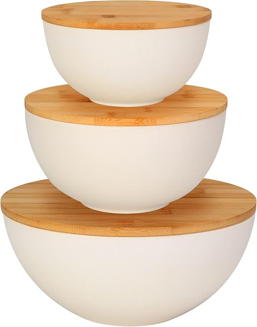 ShineMe Salad Bowl with Lid, Natural Bamboo Fiber Serving Bowls Set of 3 with Utensils & Lids, Mi... | Amazon (US)
