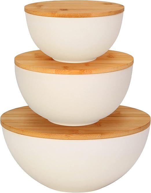 ShineMe Salad Bowl with Lid, Natural Bamboo Fiber Serving Bowls Set of 3 with Utensils & Lids, Mi... | Amazon (US)