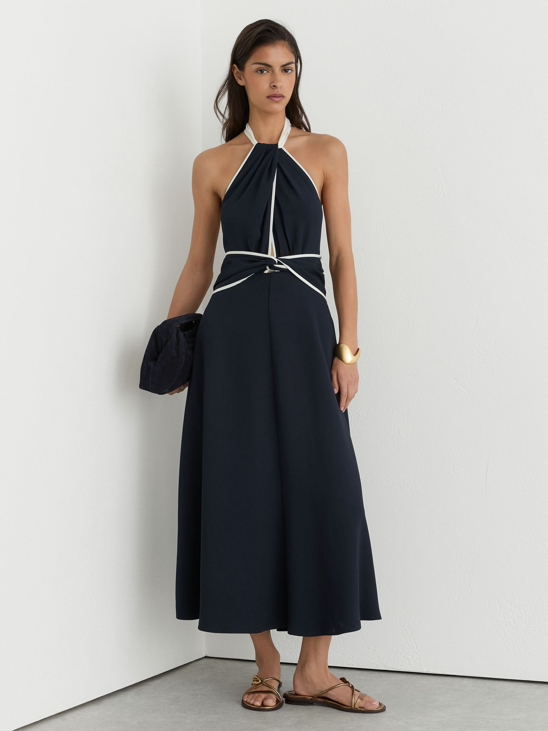 Reiss Contrast-Trim Halterneck Midi Dress in Navy/Ivory | REISS | Reiss DE