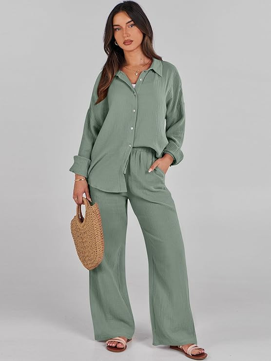 ANRABESS Women 2 Piece Outfits 2023 Long Sleeve Wide Leg Matching Lounge Sets Fashion Travel Vaca... | Amazon (US)