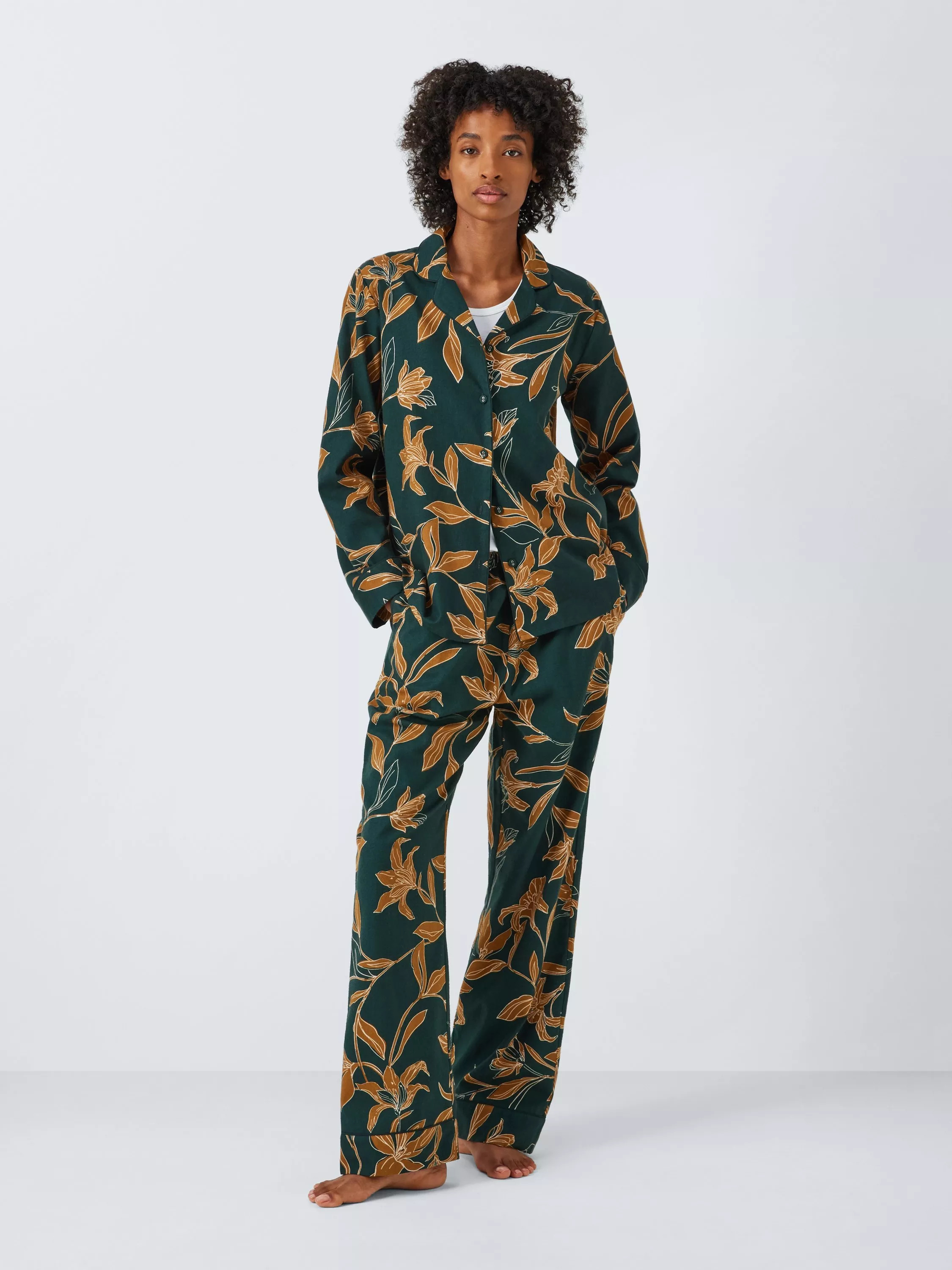 John LewisLinear Floral Brushed Cotton Pyjama Set, Evergreen/Ochre | John Lewis (UK)
