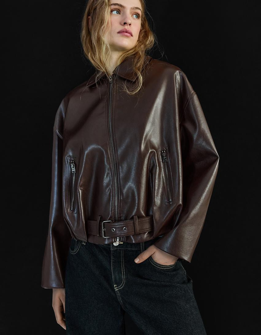 Faux leather bomber jacket with belt - Jackets and trench - Women | Bershka GB