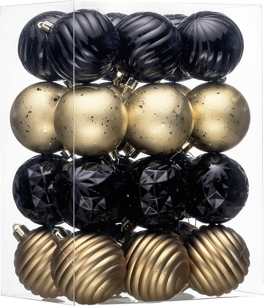 Valery Madelyn Christmas Tree Ornaments Set, 24ct Black and Gold Shatterproof Christmas Tree Deco... | Amazon (US)